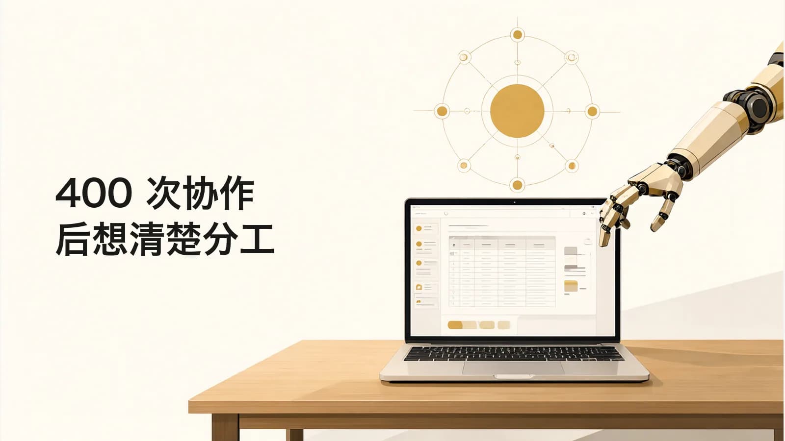 桌上的笔记本电脑旁，一只机械臂从右侧伸入，上方悬着一个金色圆形节点