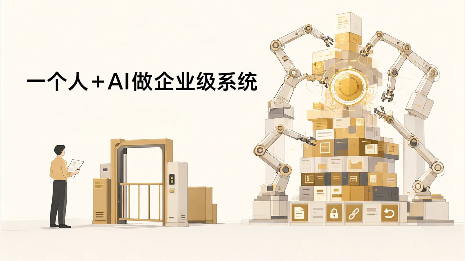 一个人把守检查闸门,机械臂搭建企业系统,底部有口径、权限、追溯、回滚四道关卡