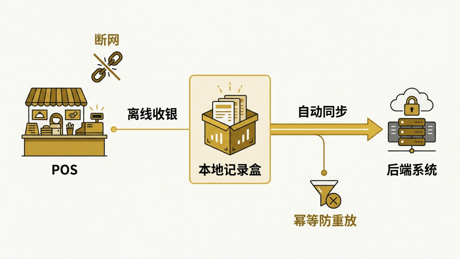 断网时 POS 仍可离线收银,并在恢复网络后自动同步。