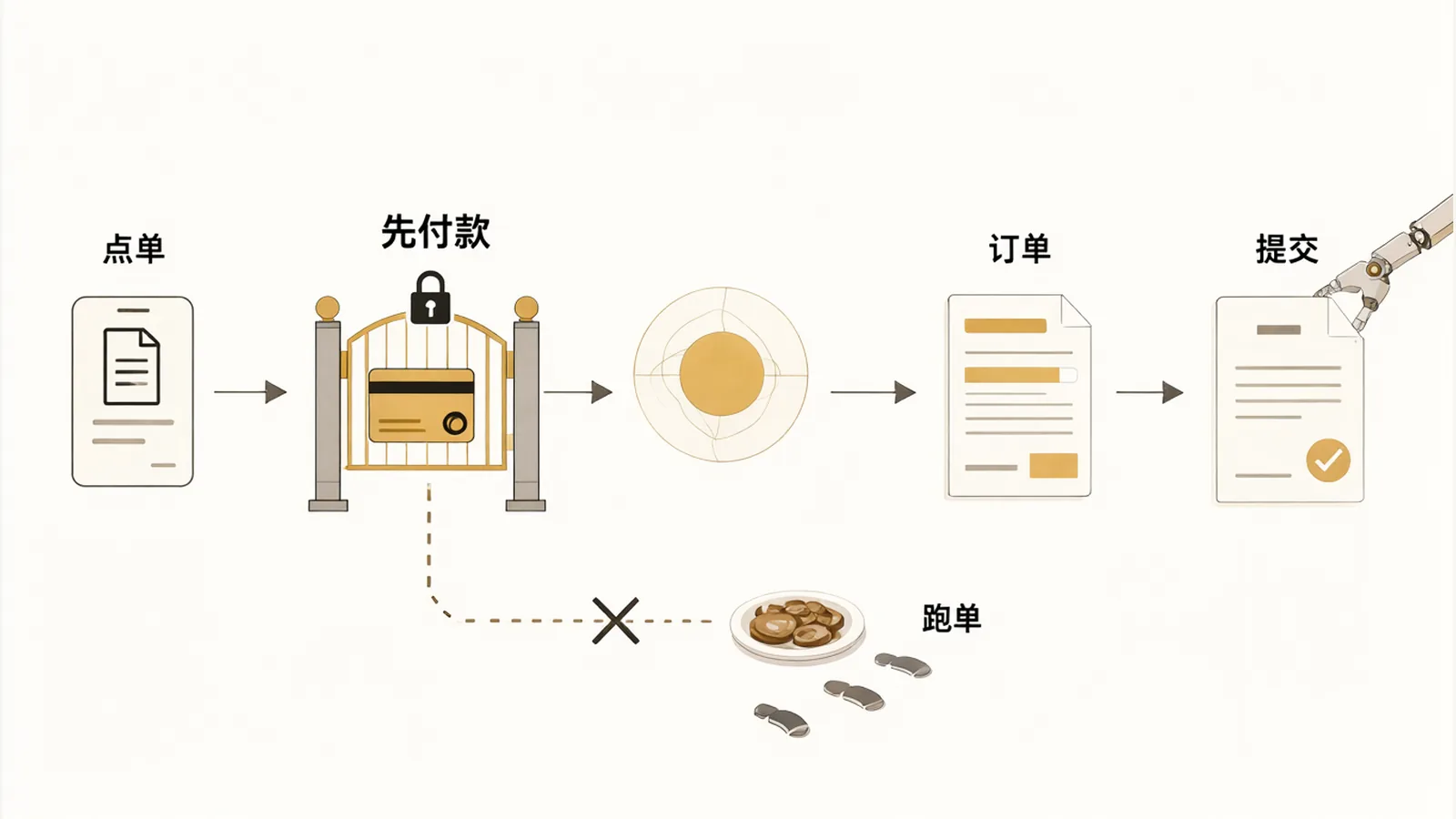 After ordering, customers have to pass through the payment gate before the order is submitted, which shuts down the eat-and-run path