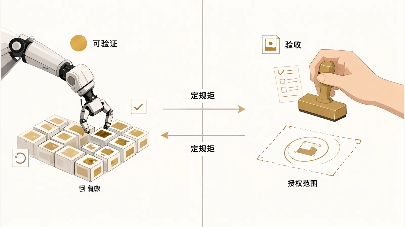 On the left, the AI's side: execution work that can be verified and rolled back. On the right, the human's side: snapshots, scope of access, and final sign-off