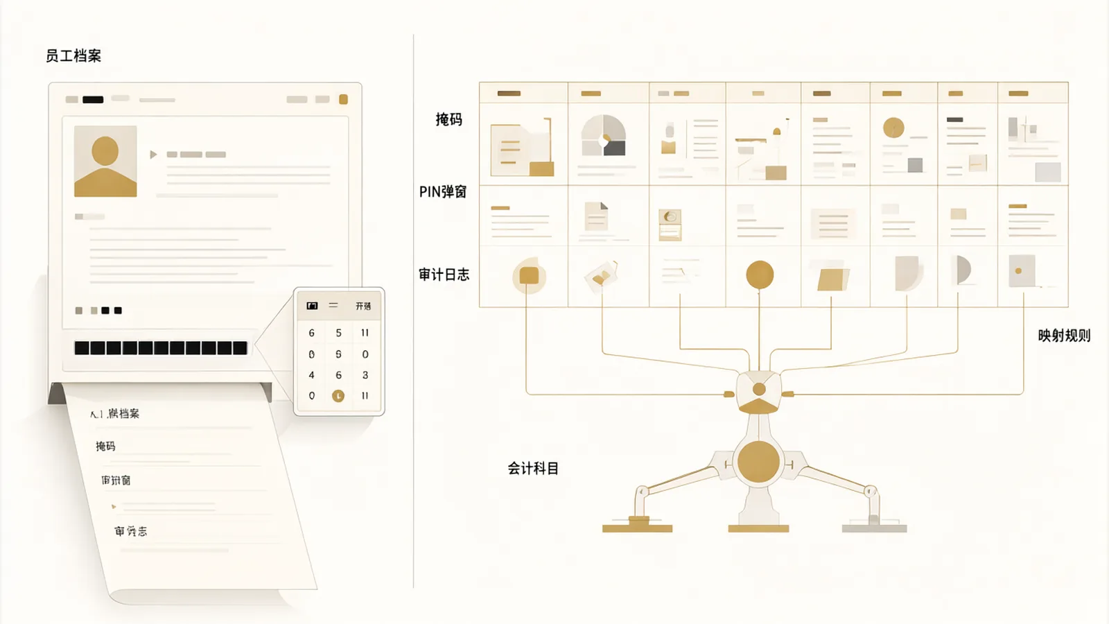 Left: employee profile masking and the PIN dialog; right: accounting accounts wired to store books via mapping rules