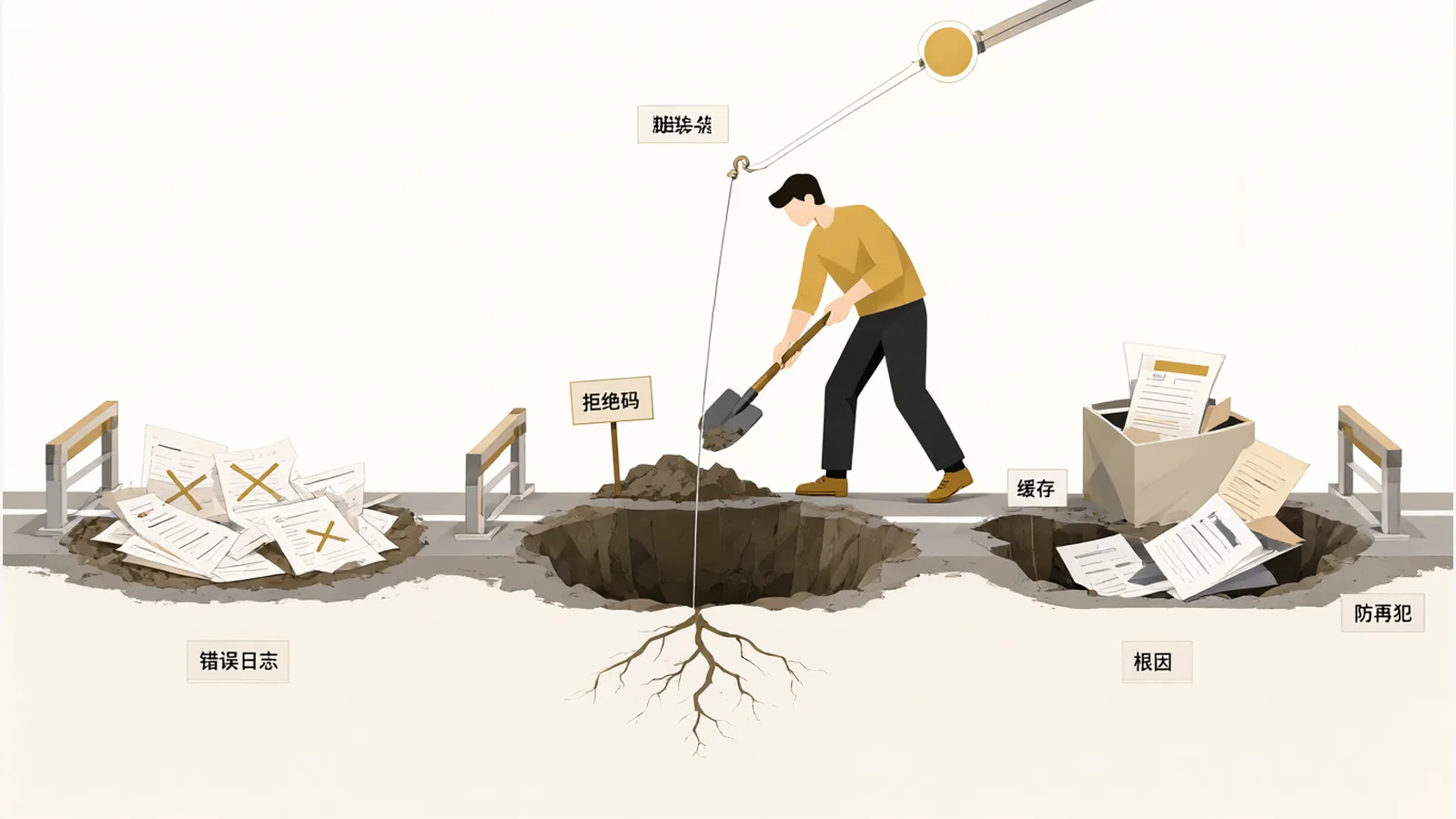 A developer filling in three potholes along a road and installing guardrails — fixing root causes and preventing repeats