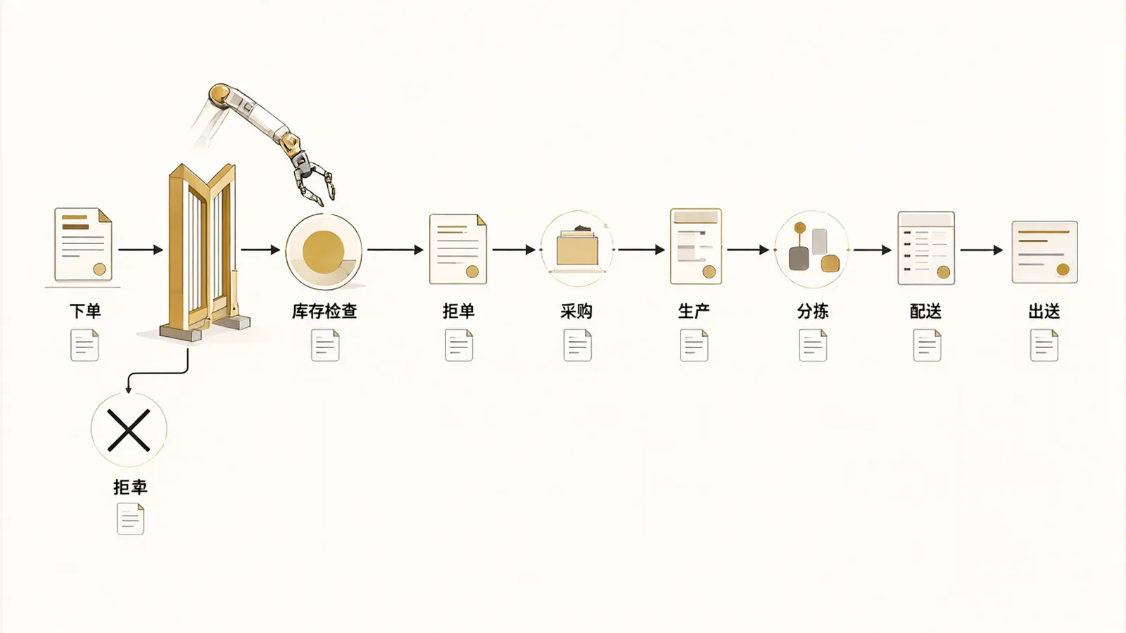Orders first pass an inventory check gate and get rejected if stock is short; once cleared, they flow through purchasing, production, and delivery