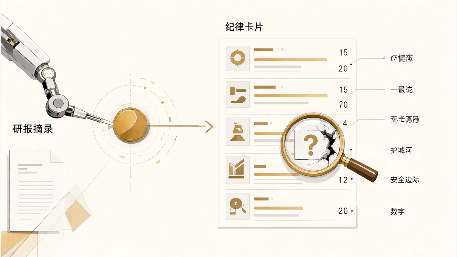 Discipline cards drafted by AI from analyst reports, with neat rows of numbers; under a magnifying glass, one number cracks open to reveal a question mark