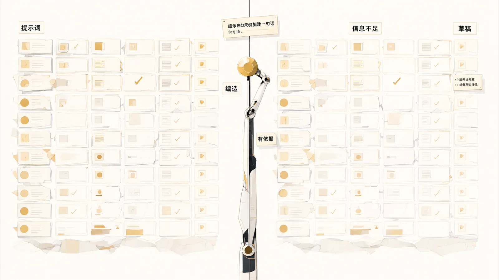 Before the constraint, the AI fills every blank in the draft; after it, the AI flags the cells where it lacks information