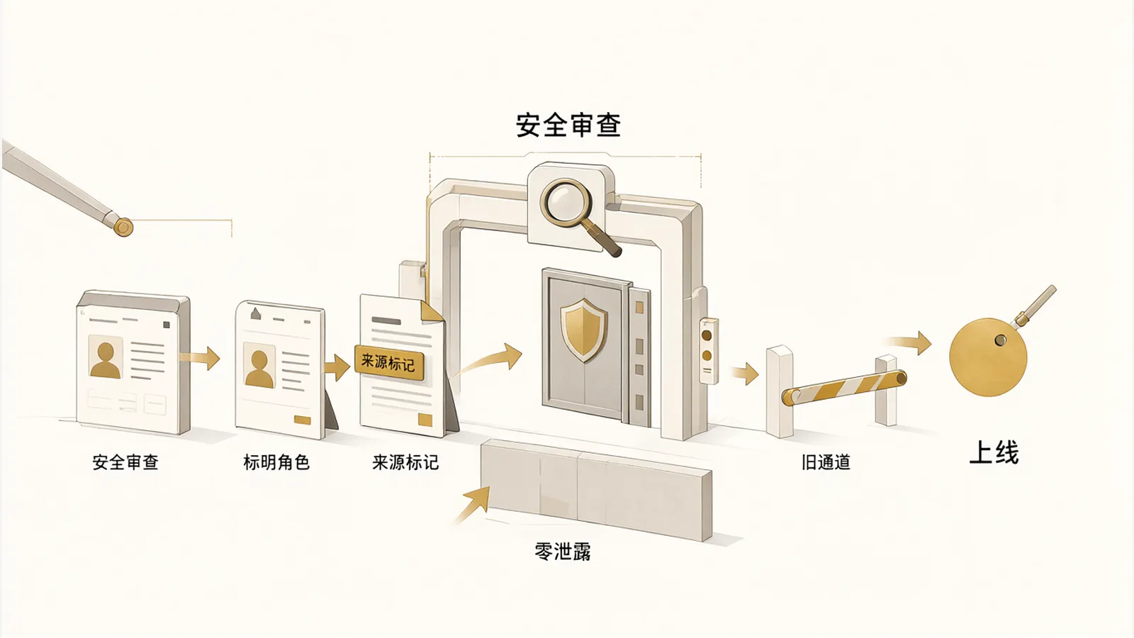 Changes pass a security review gate first: dashboards require a declared role, operations get a source marker, and the old channel is closed before going live