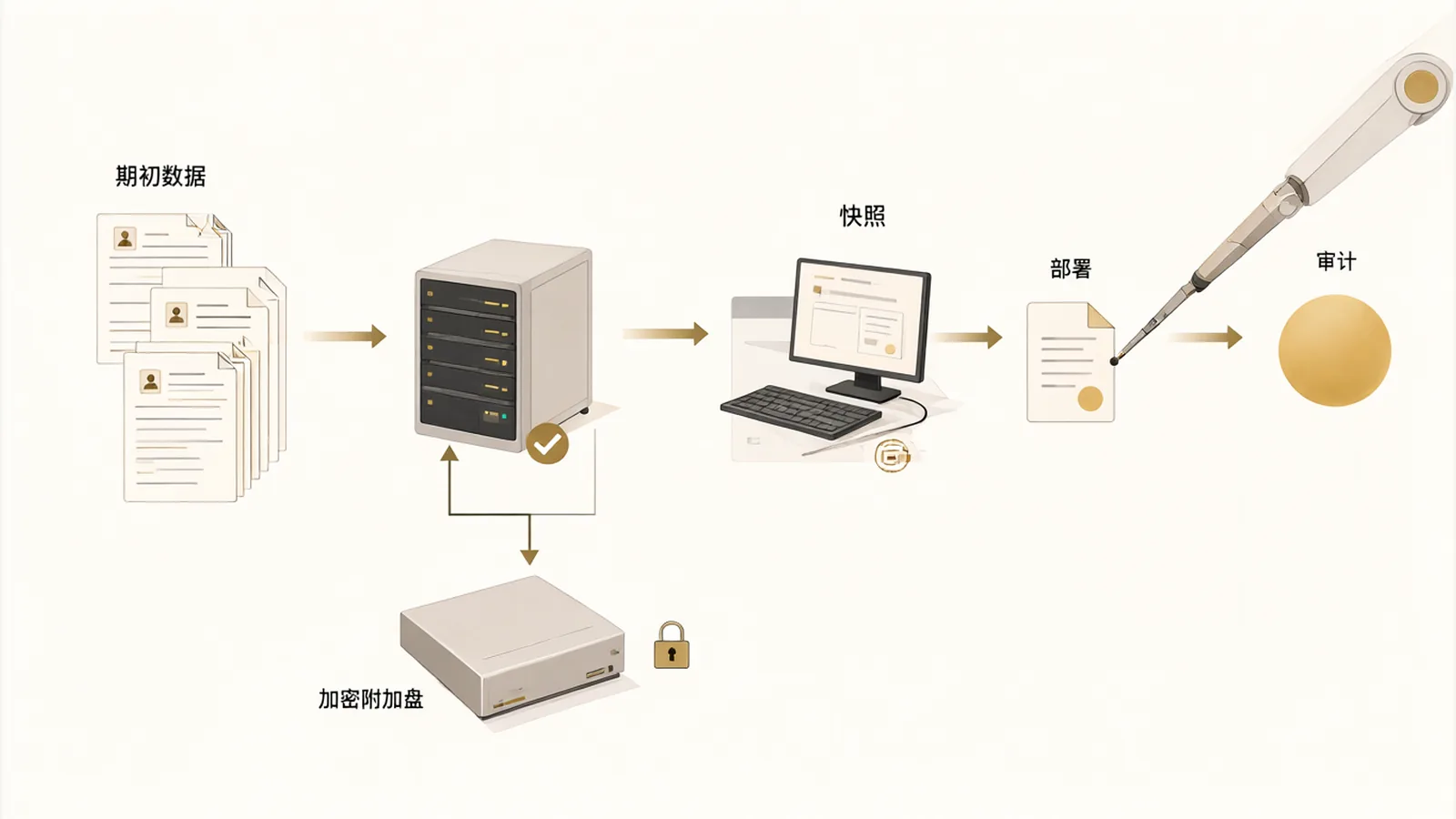 Opening data is imported in audited batches, a server snapshot is taken before deploying, and sensitive directories move to an encrypted attached disk, so everything can be rolled back if something goes wrong
