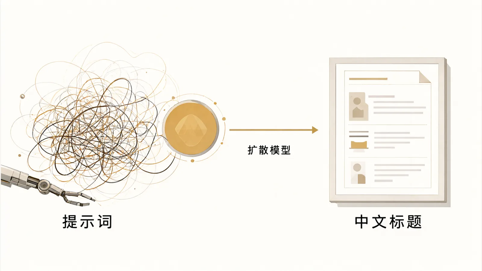 左边是杂乱的线团,右边是整齐的画框,表示改写提示词前后出图的对比